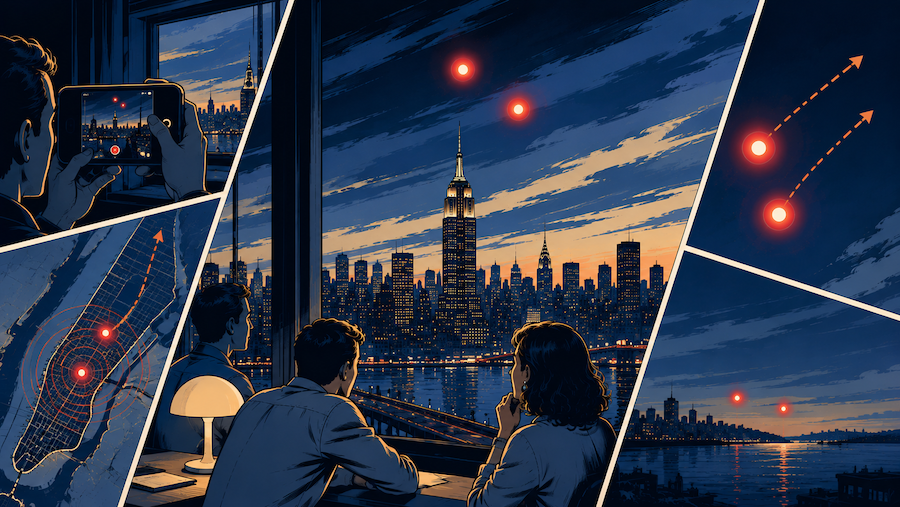 Rote Lichtkugeln ueber New York gesichtet